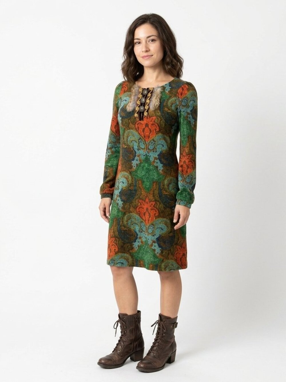Korean Fur Trimmed Traditional Lightweight Acrylic Stretch Knit Dress- Sz. Sm